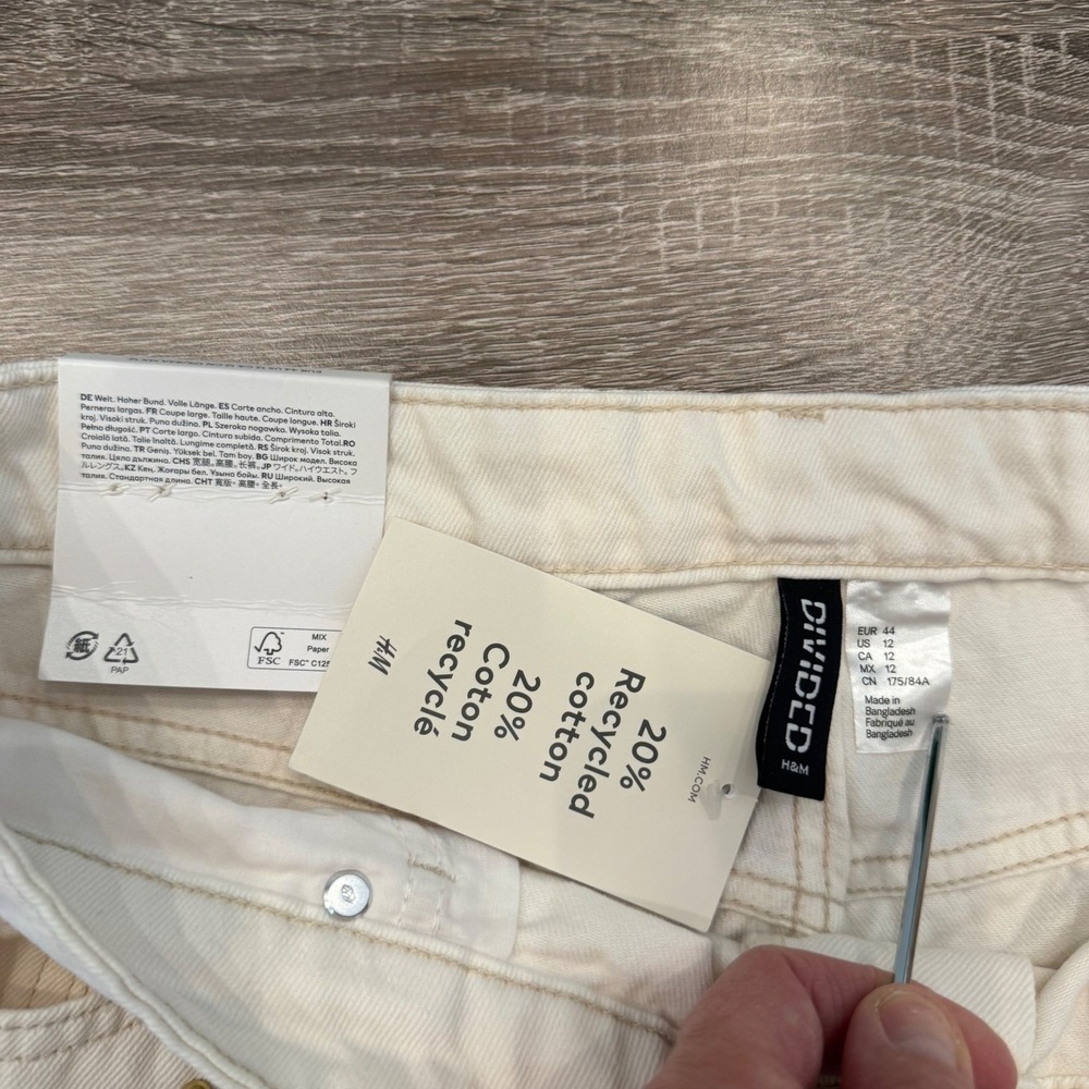 H&M Divided Wide High Waist Jeans Cream Studded Full Length Cotton 12/32 - Picture 4 of 9